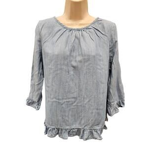 Gap teacher Top sz M lyocell Chambray 3/4 Sleeve Round Neck Ruffle Hem career